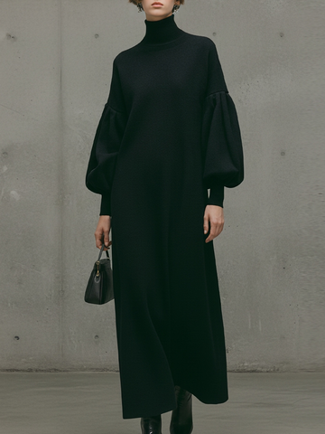 Modern Black Turtleneck Puff-Sleeve Sweatshirt Maxi Dress
