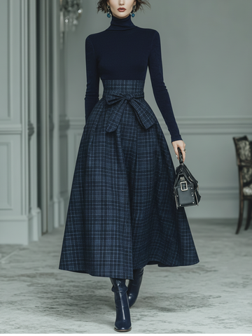 Dark Blue High Elastic Knit And Plaid Wool Skirt Set