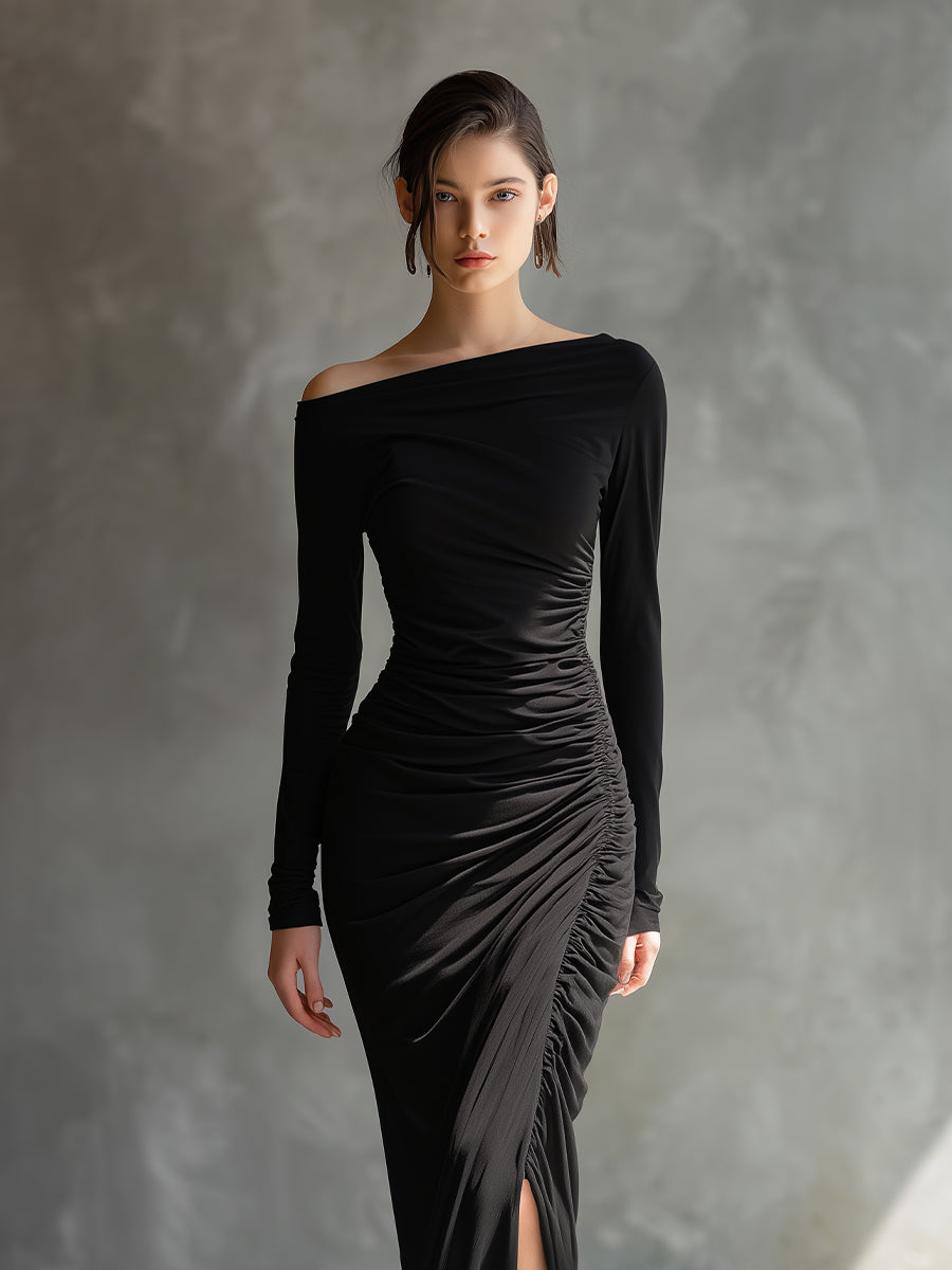 Black Elegant Jersey Off-Shoulder Ruched Slit Maxi Dress