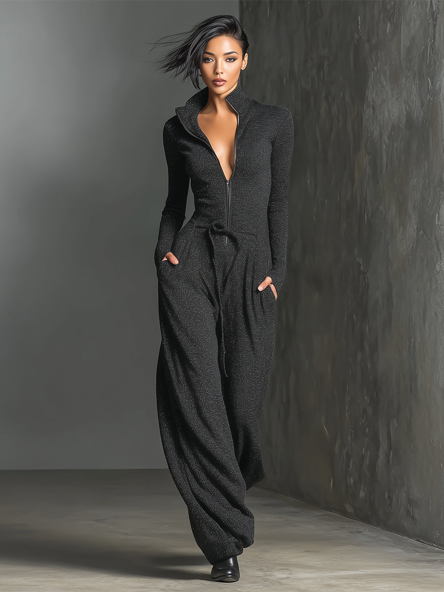 Elegant Knit Sparkling Zipper Front Jumpsuit