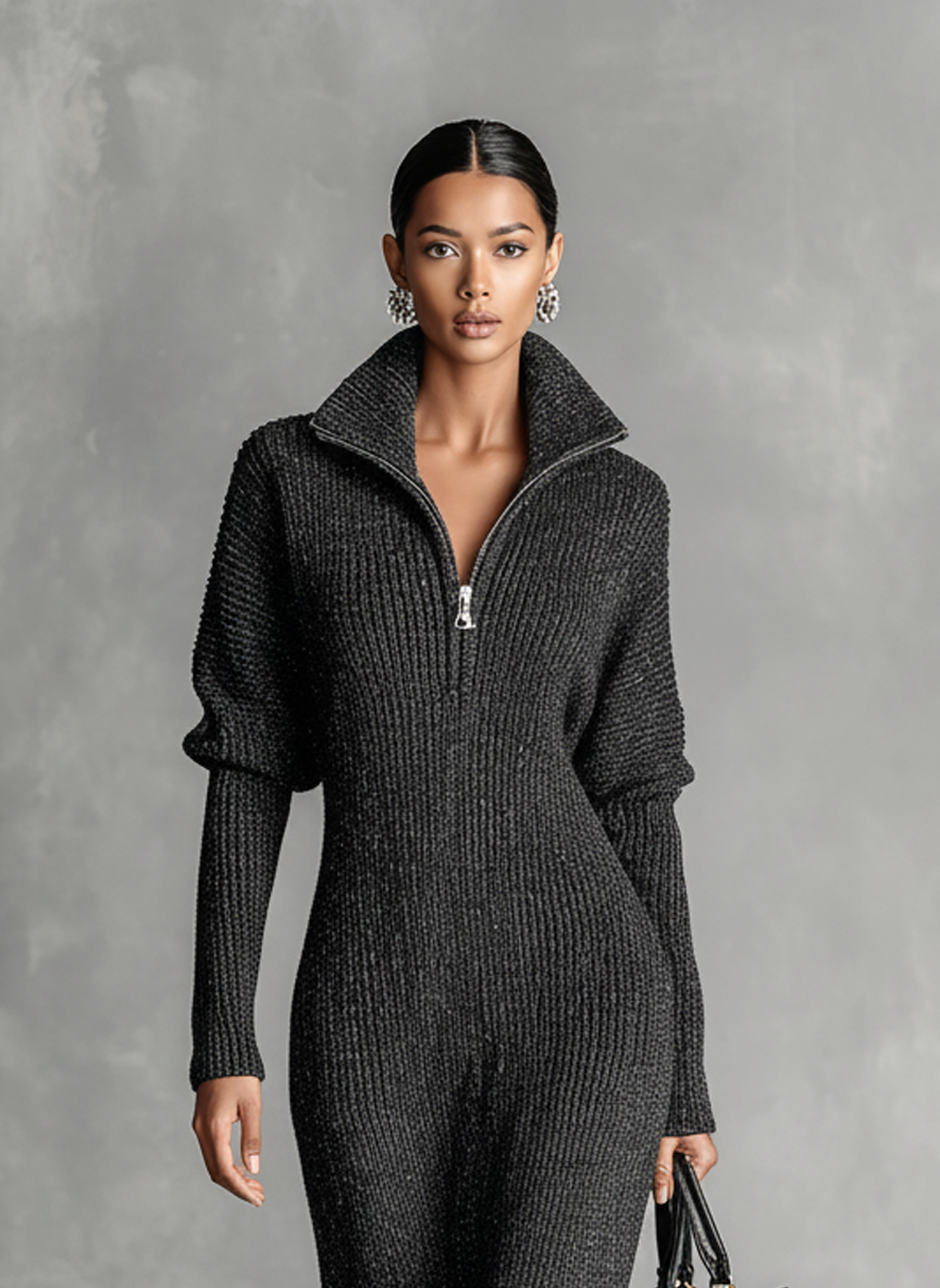 Minimalist Solid Color Zipper Neck Knitted Maxi Dress