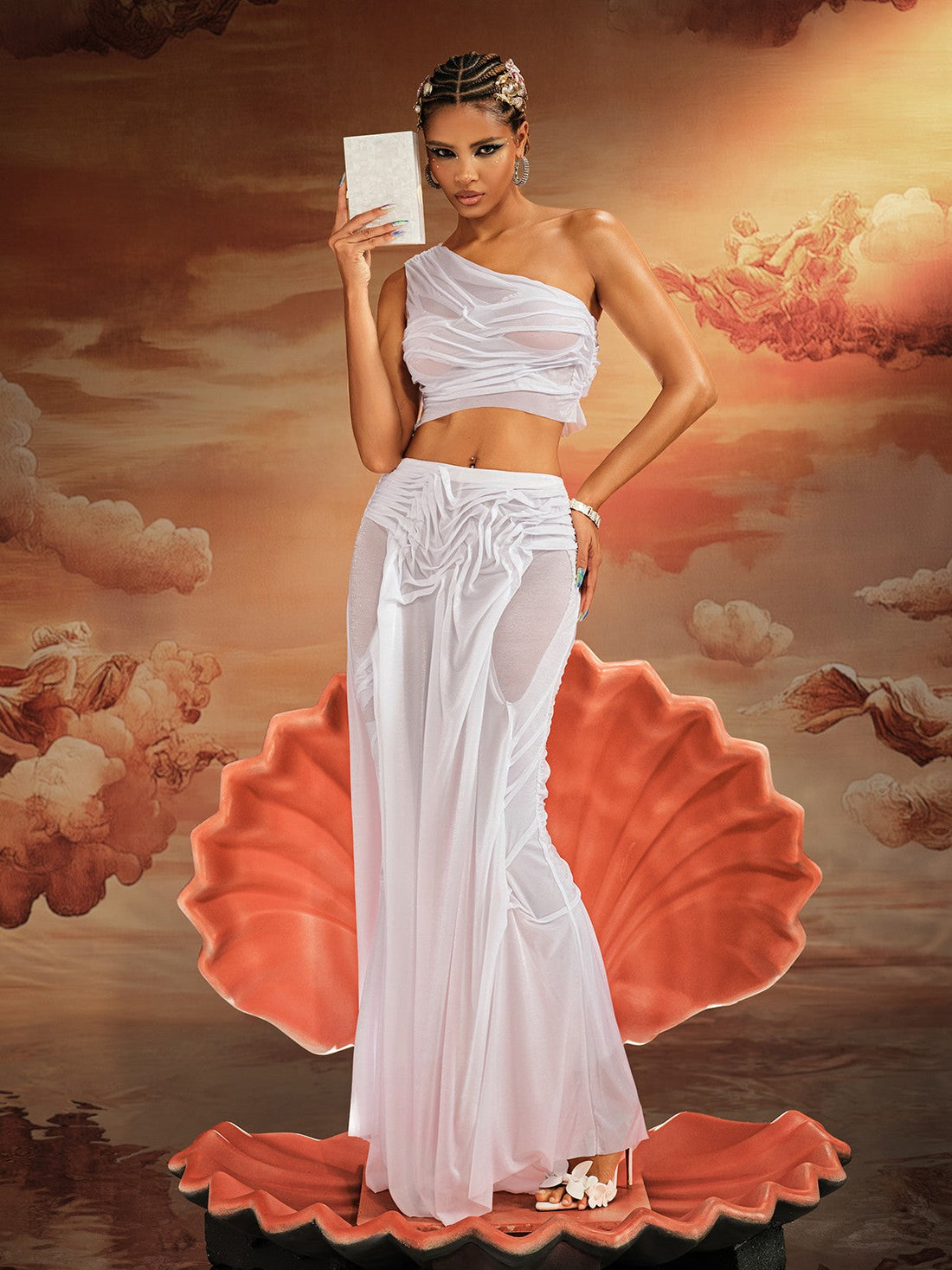 Akiye | One Shoulder Ruched Skirt Set In White