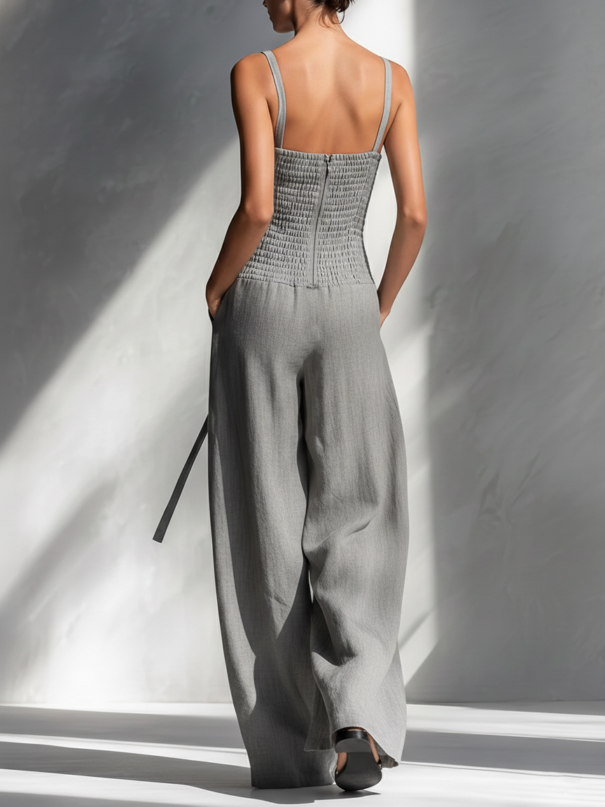 Minimalist Gray Linen Blend Spaghetti-Strap Square-Neck Tie-Waist Wide-Leg Jumpsuit