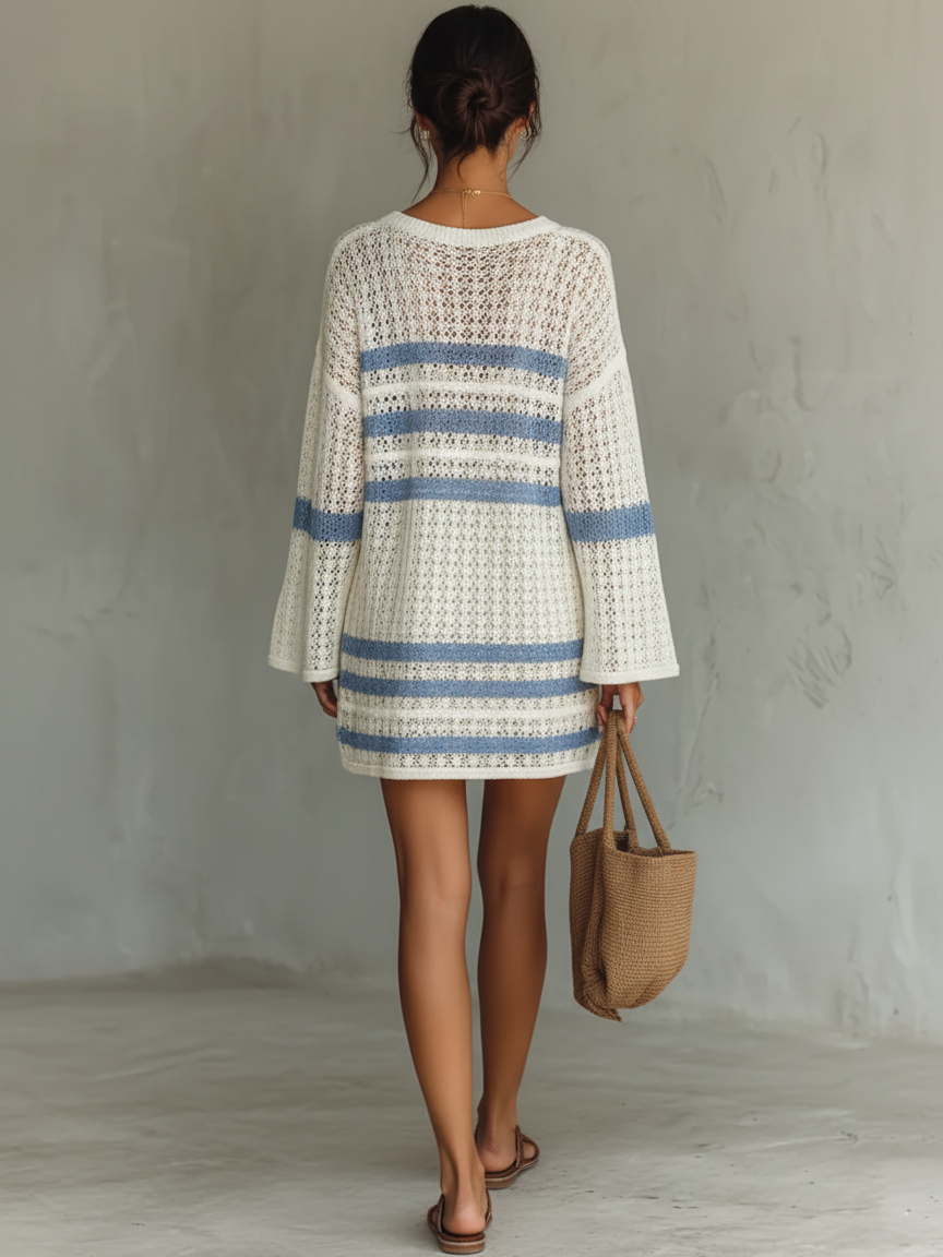 Vacation Style Openwork Knit Striped Mini Dress