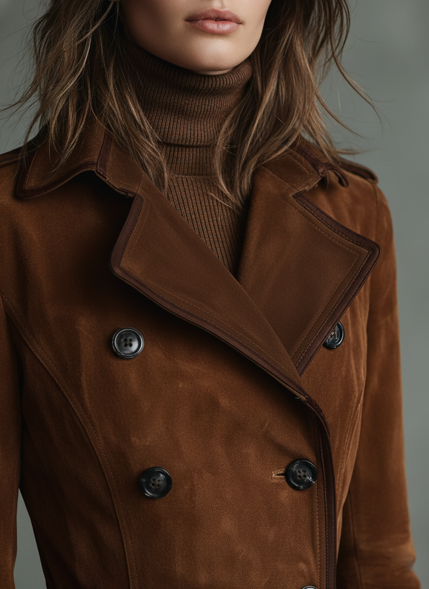 Suede Trim Double-breasted Lapel Long Coat