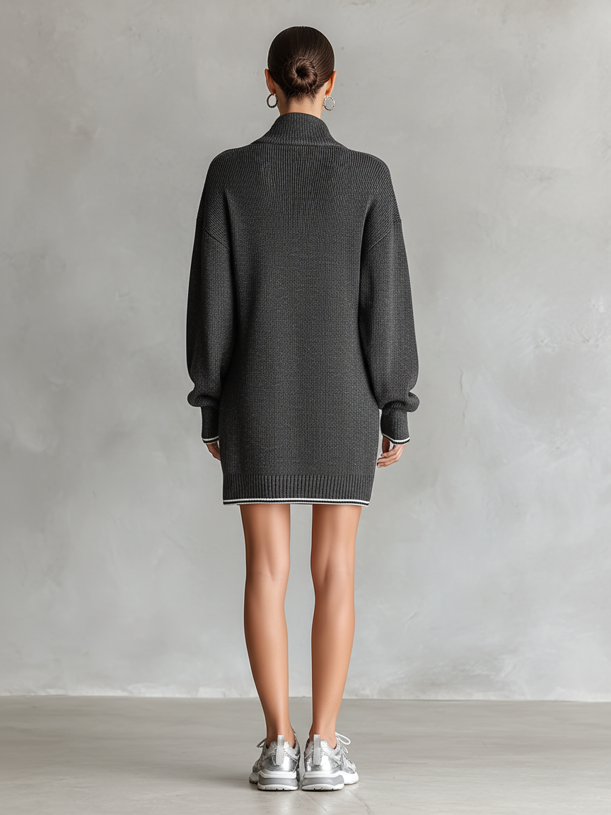 Fashion Mini Dress Zipper Polo Neck Loose Knit with White Trim