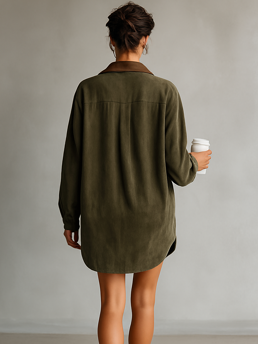 Simple Loose Leather Lapel Spliced Suede Mini Dress
