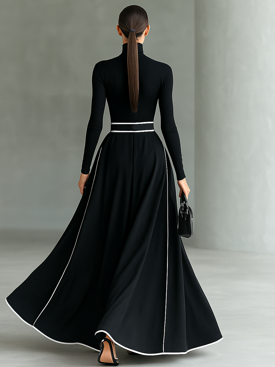 Black Stitching White Trim High Collar Long Sleeve Tight Belt Maxi Dress