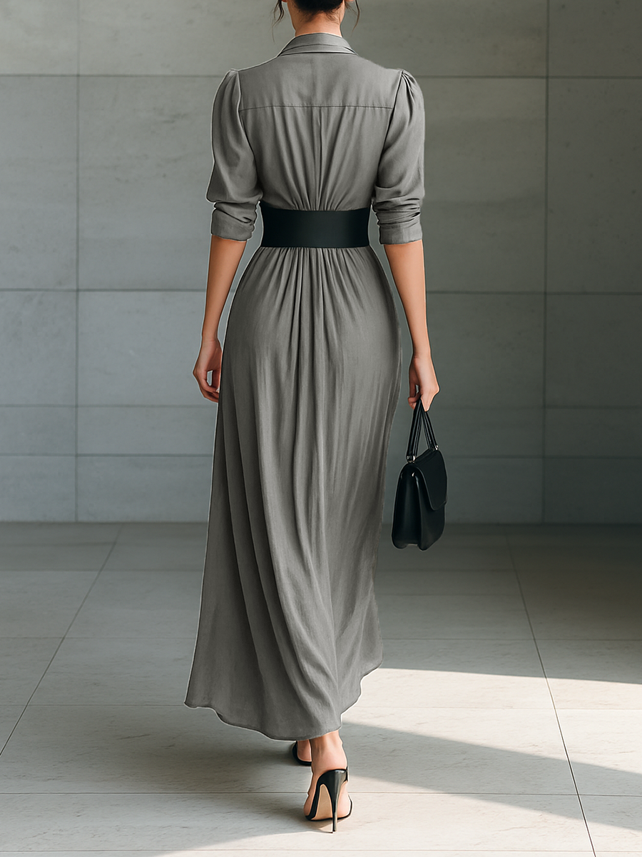 Lapel Long Sleeve Single Breasted Belt Maxi Dress