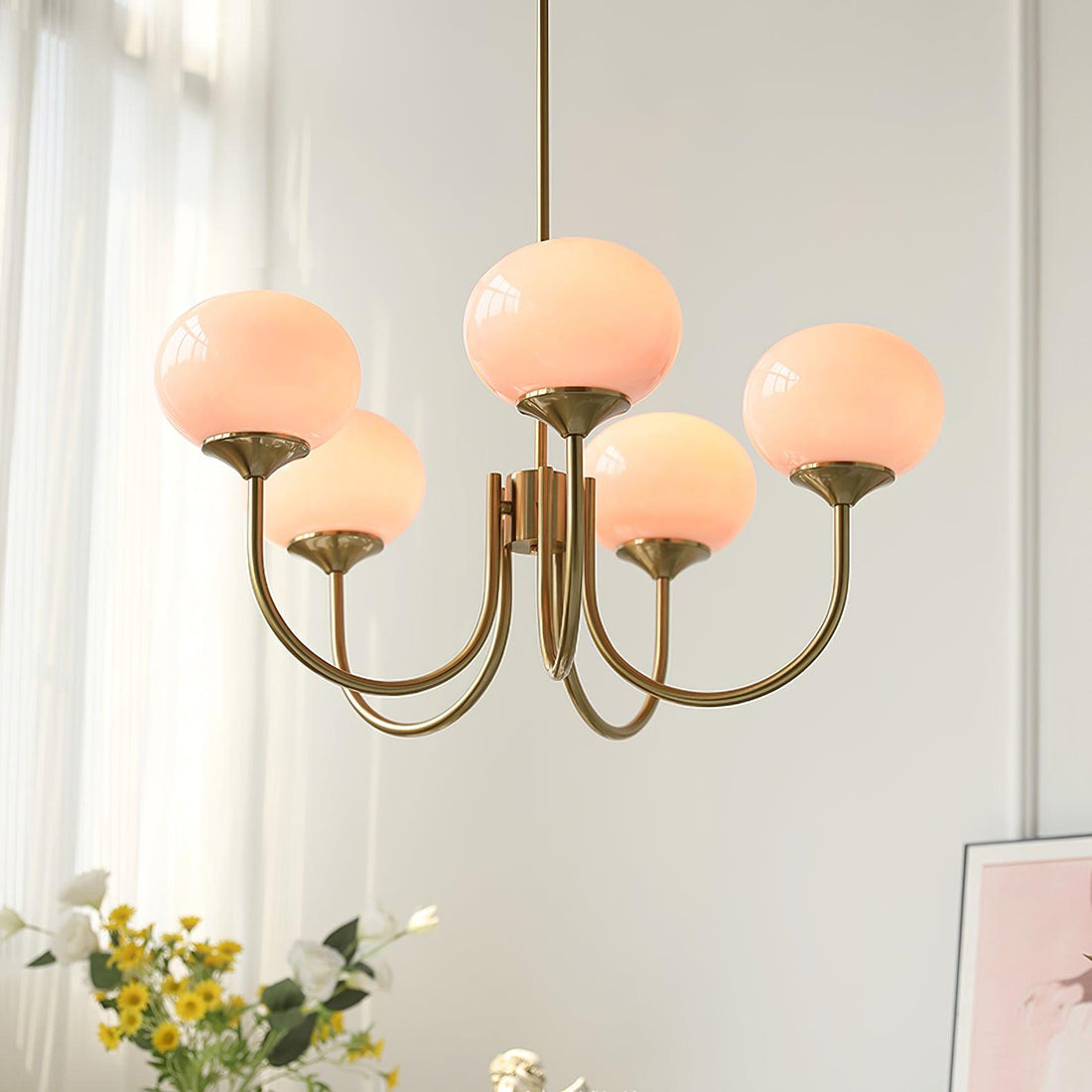 Ceiling light with pink glass globe shades