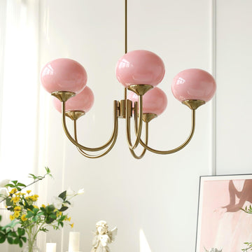 Ceiling light with pink glass globe shades