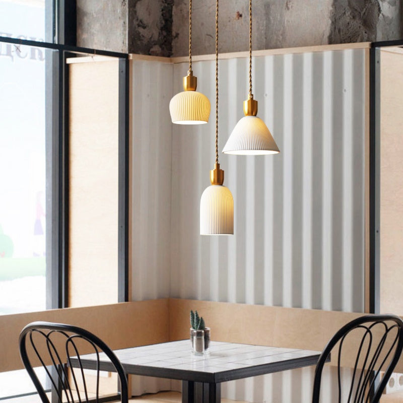 Ceramic Brass Cocoon Pendant Lamp with Retro Pleated Design