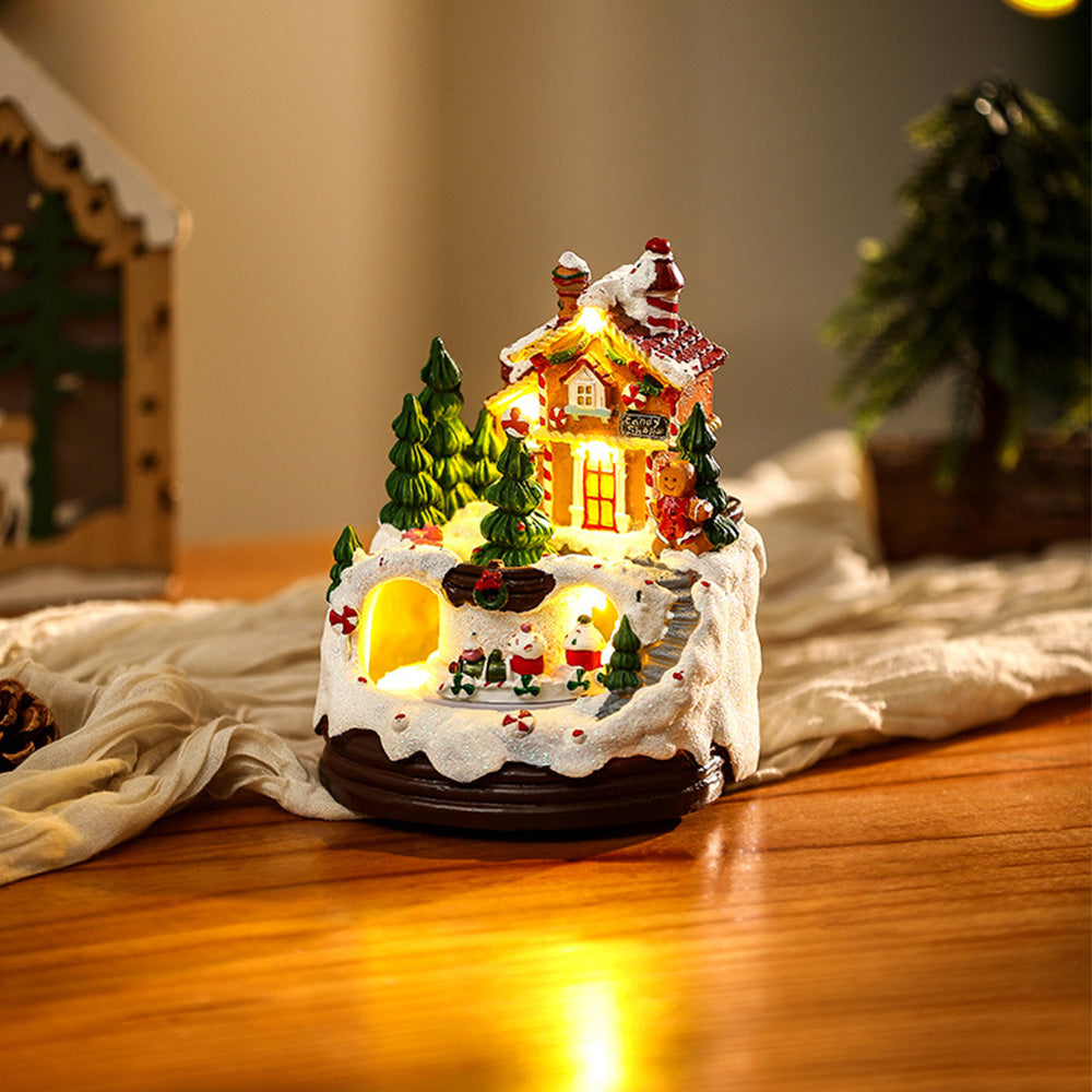 Resin Christmas Lightings with Music Box and Motorized Train in Warm Village House
