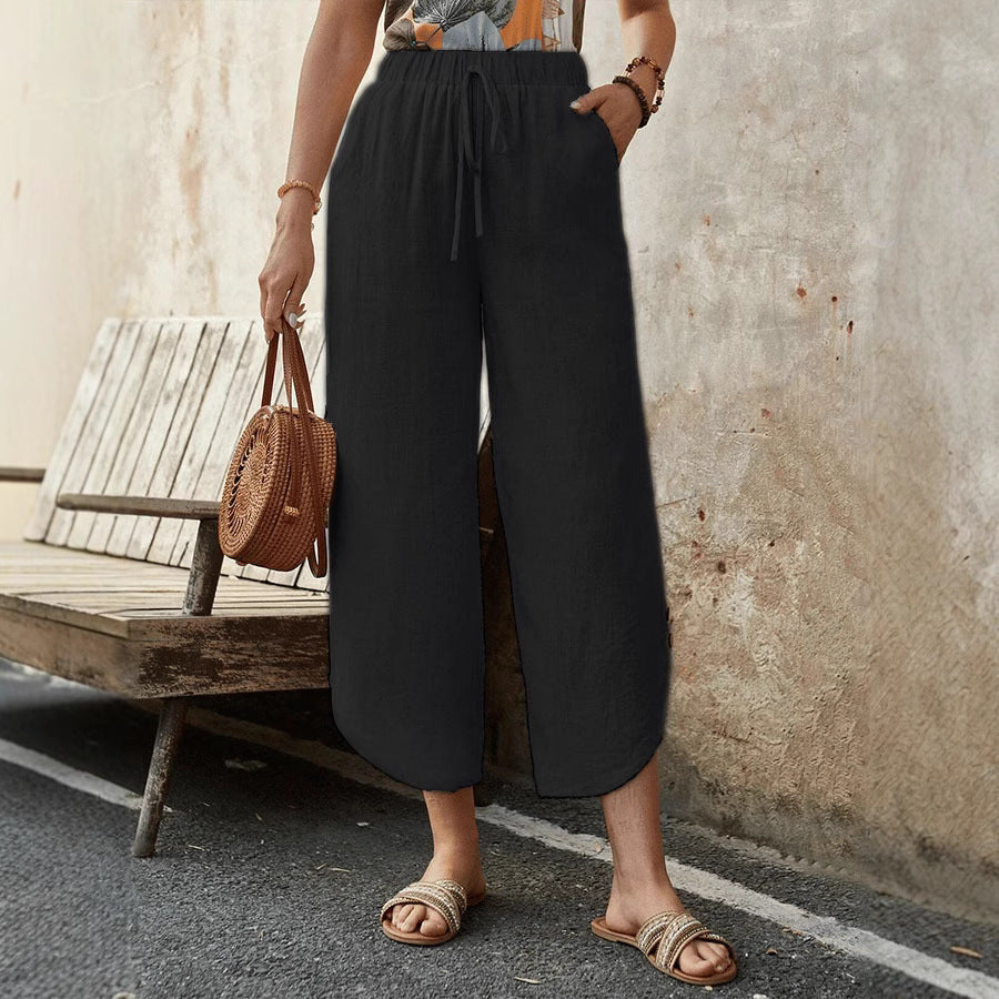 Tara’s Cropped Trousers – Cotton Linen Blend – High Waist – Wide Leg – Drawstring Waist
