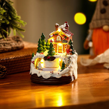 Resin Christmas Lightings with Music Box and Motorized Train in Warm Village House