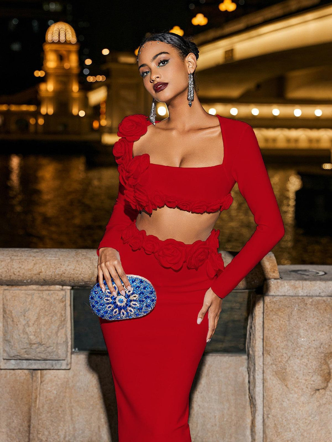 Aiden Flower Bandage Skirt Set In Red