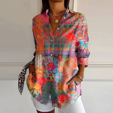 Floral Print Long Sleeve Button Front Tunic Top Blouse