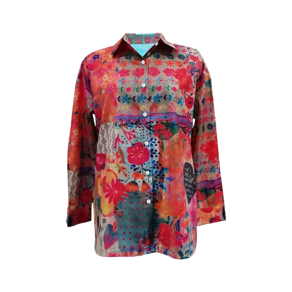Floral Print Long Sleeve Button Front Tunic Top Blouse