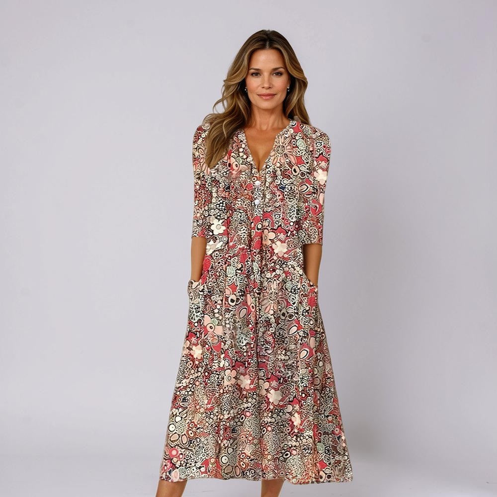 Floral V Neck Midi Dress