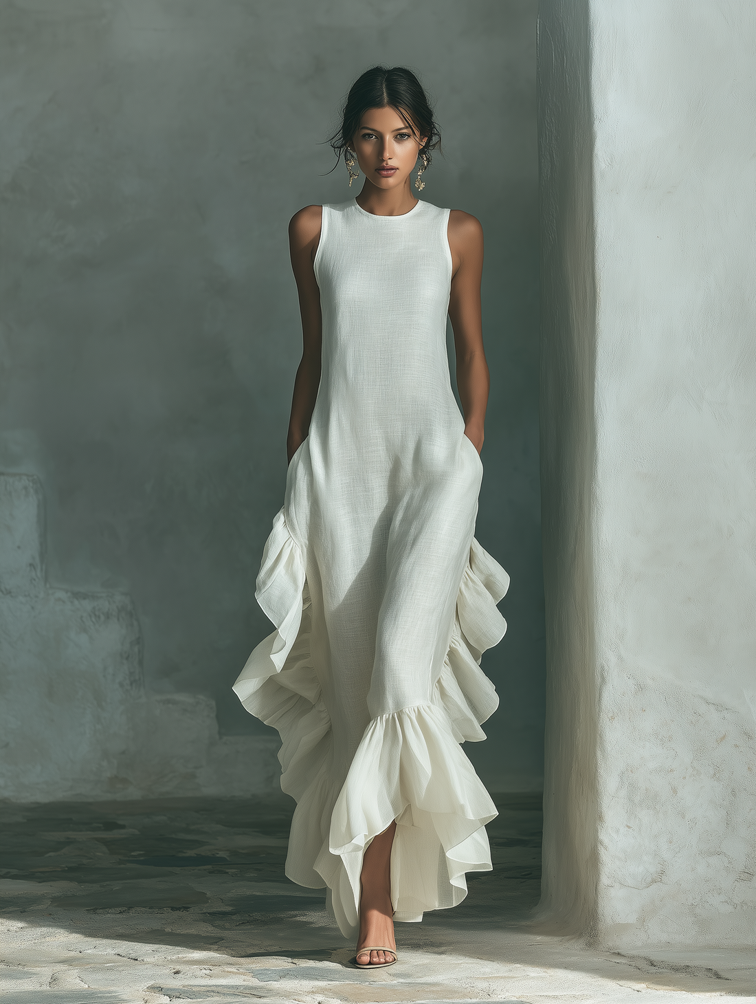 Ivory Linen Fabric Sleeveless Maxi Dress With Round Neck And Ruffle Hem