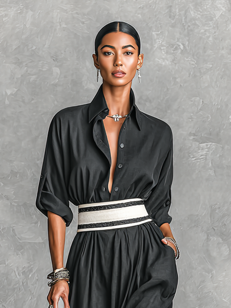 Imitation Cupro Fabric Long-sleeved Waist Maxi Dress with Lapel and Single-breasted Design
