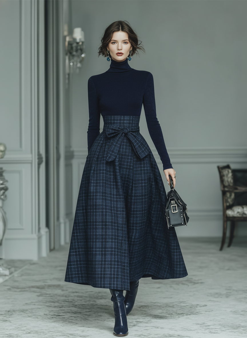 Dark Blue High Elastic Knit And Plaid Wool Skirt Set