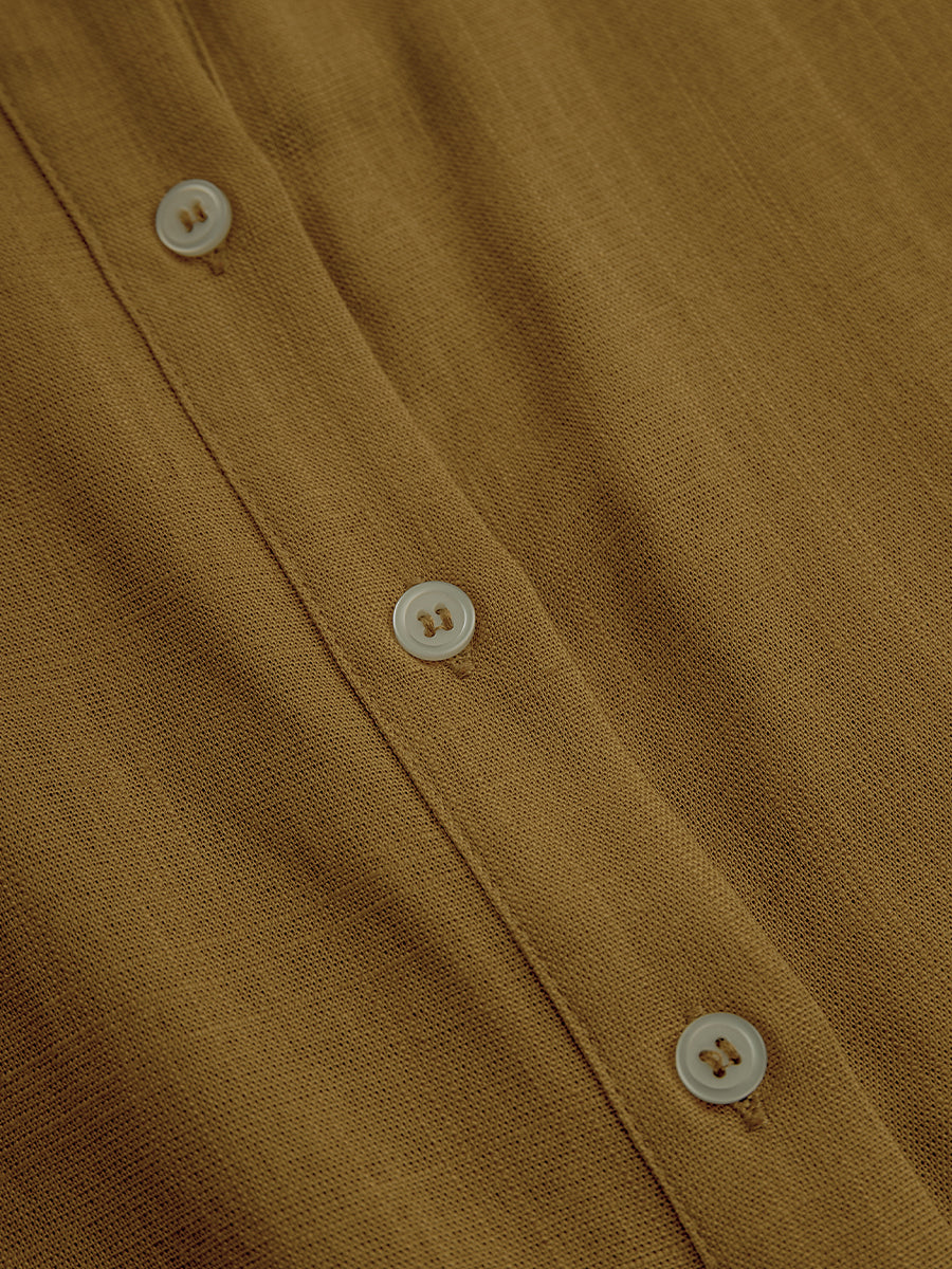 Mustard Elegant Linen Blended Midi Shirt Dress with Button Front and Belt