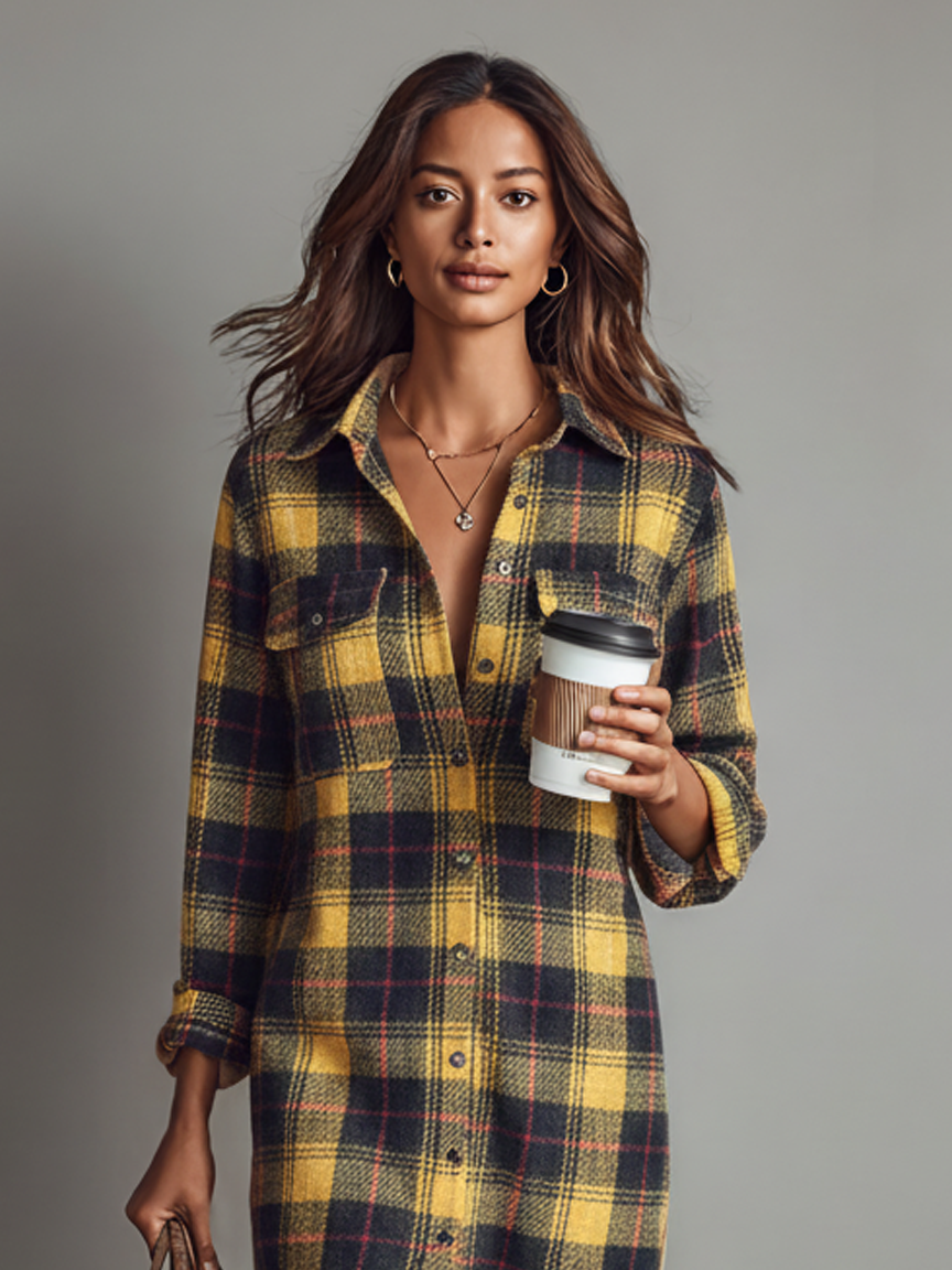 Flannel Plaid Long Sleeve Midi Dress