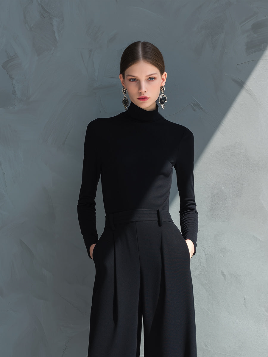 Black Classic Knit Turtleneck Wide Leg Jumpsuit