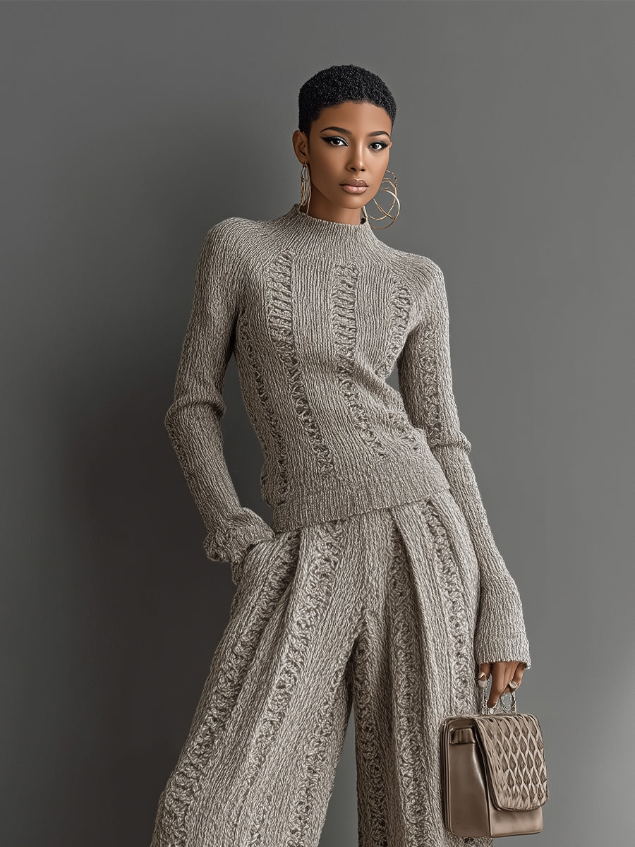 Taupe Elegant Knit Textured Sweater and Wide-Leg Pants Set