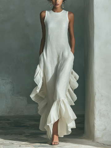 Ivory Linen Fabric Sleeveless Maxi Dress With Round Neck And Ruffle Hem