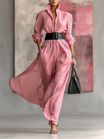 Solid Color Lapel Long Sleeve Single Breasted Belt Maxi Shirt Dress