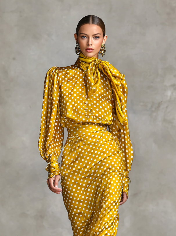 Vintage Satin Polka Dot Print Two-Piece Set Shirt And Skirt (Not including scarf)