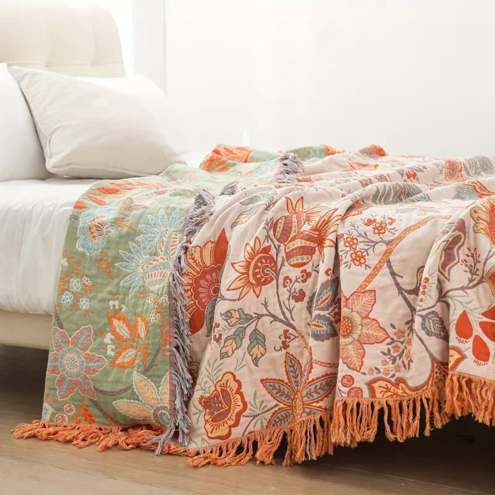 Fringe Floral Boho Throw Blanket