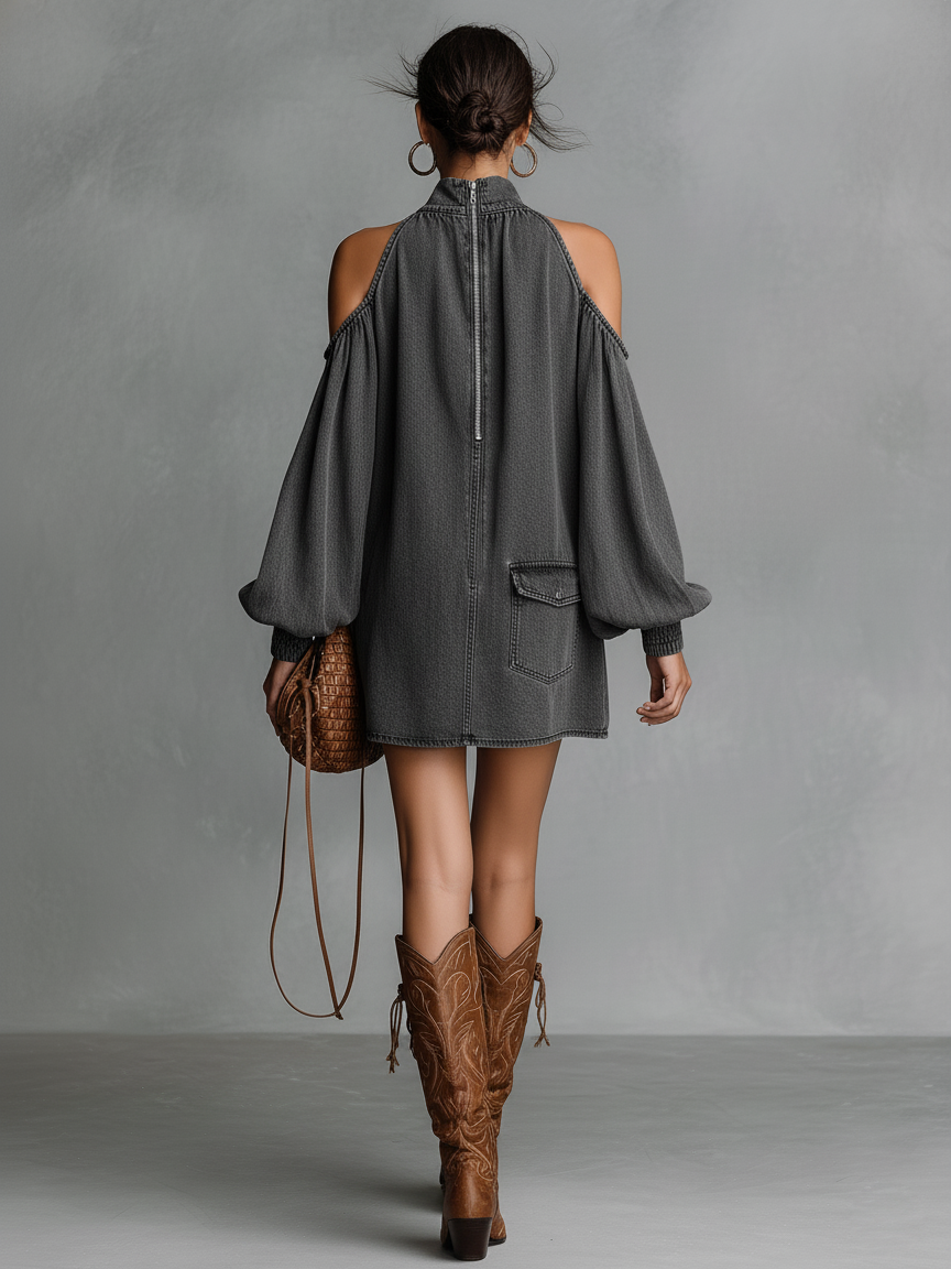 Minimalist Washed Denim Off-the-shoulder Mini Dress