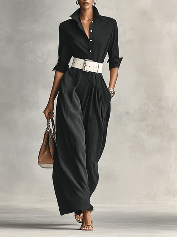 Lapel Single Breasted Long Sleeve Belted Jumpsuit for Women