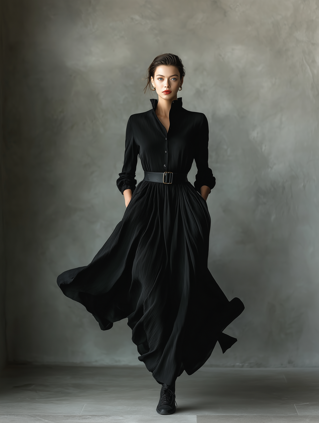 Black Textured Pleated Vintage Maxi Dress for Women