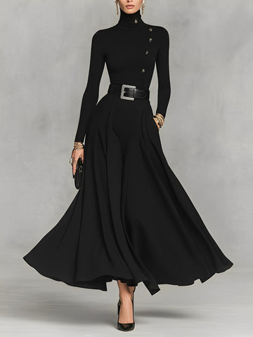 Black Knit Elegant High Neck Button Detail Maxi Dress