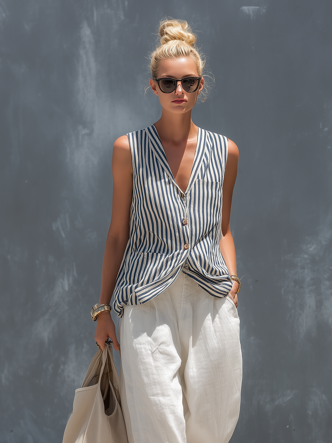 Casual Striped Woven Sleeveless Vest Set With White Cotton And Linen Trousers