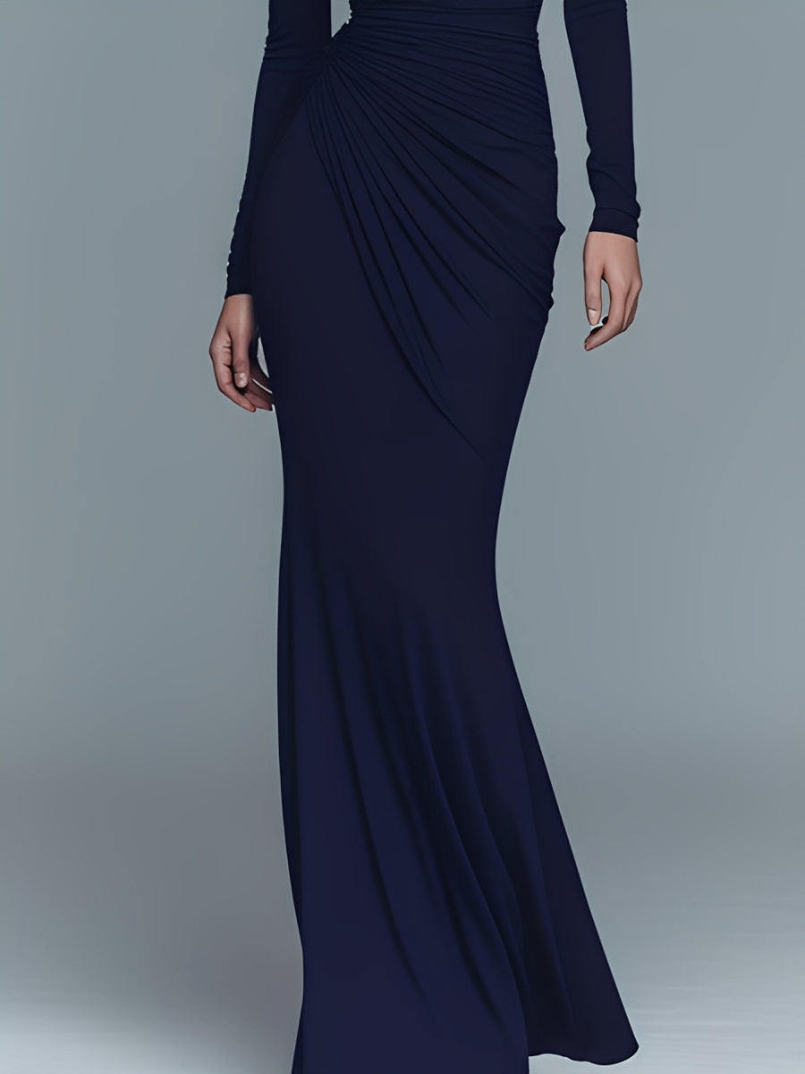 Navy Elegant Stretch Polyester-Cotton Blend Turtleneck Draped Maxi Dress