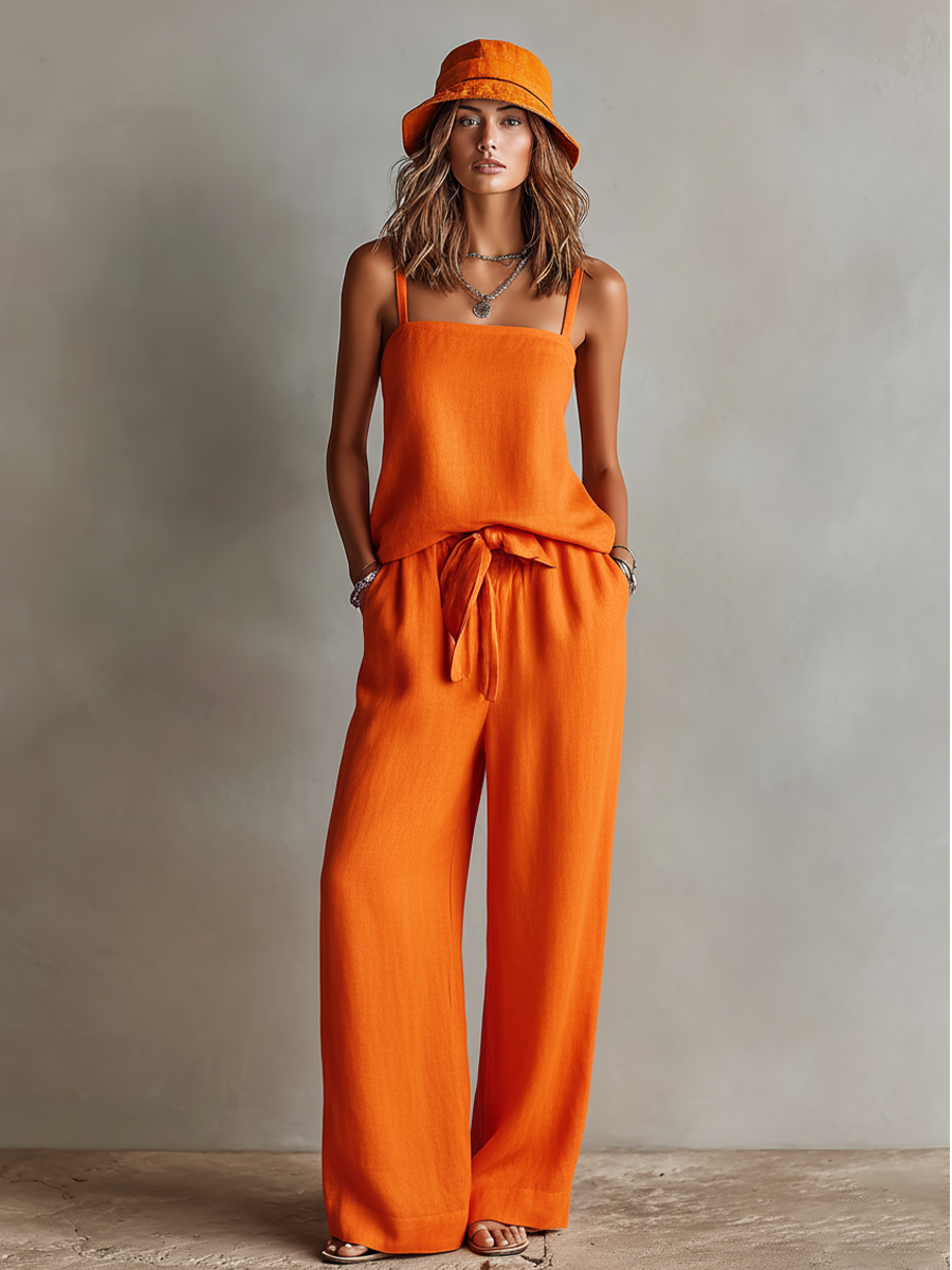 Orange Linen Two-Piece Set Featuring Square Neck Cami Top and Tie-Waist Wide-Leg Pants Timeless Boho-Resort Style