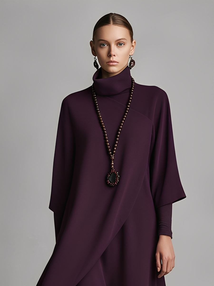 Plum Draped Cotton-Blend Jersey Elegant Turtleneck Embroidered Maxi Dress