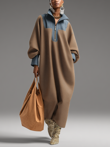 Brown Double-Sided Brushing and Blue Denim Stand Collar Loose-Fitting Long Dress