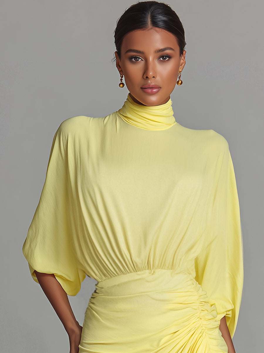 Bright Yellow Drape Comfortable Blended Maxi Dress
