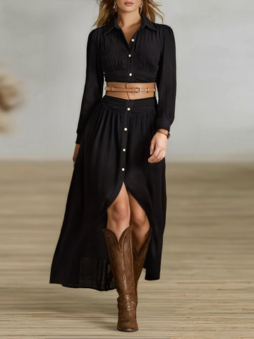 Imitation Cotton And Linen Long-sleeved Maxi Dress With Pleated Lapel And Single-breasted Design
