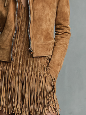 Cropped Suede Lapel Zipper Jacket for Women