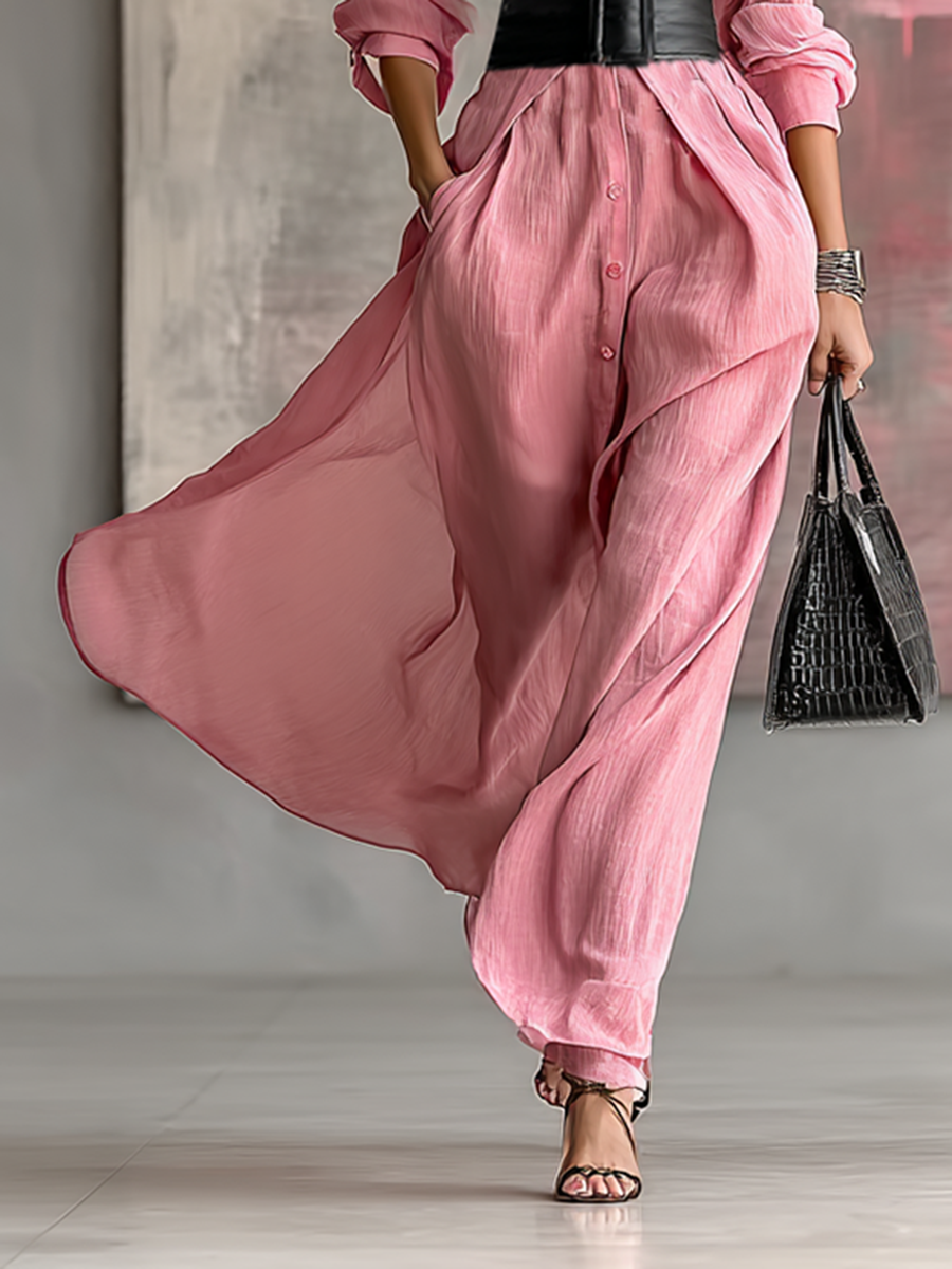 Solid Color Lapel Long Sleeve Single Breasted Belt Maxi Shirt Dress