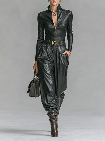Fashion PU Leather Slim Fit Zipper Stand Collar Shirt and Pants Set Without Belt
