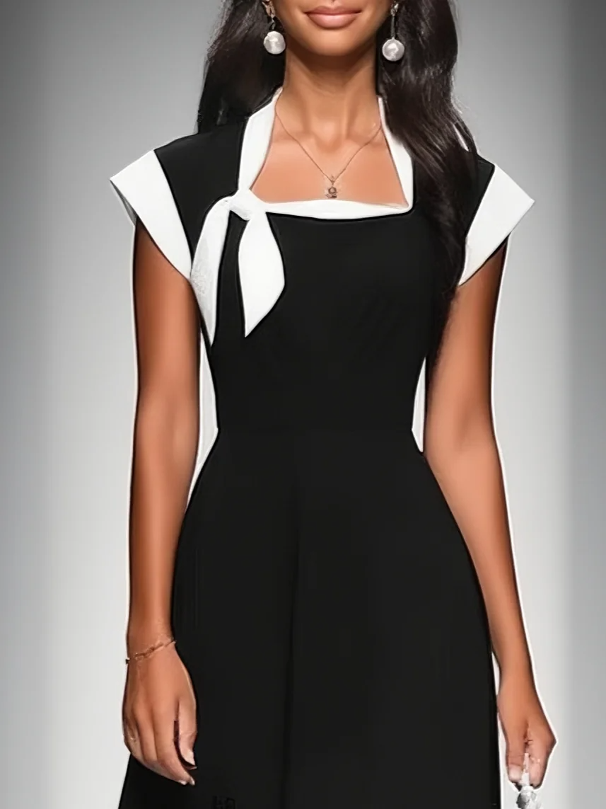 Colorblock Midi Dress with Square Neck Cap Shoulder Sleeves