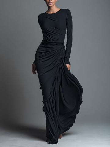 Black Elegant Jersey Knit Ruched Maxi Dress